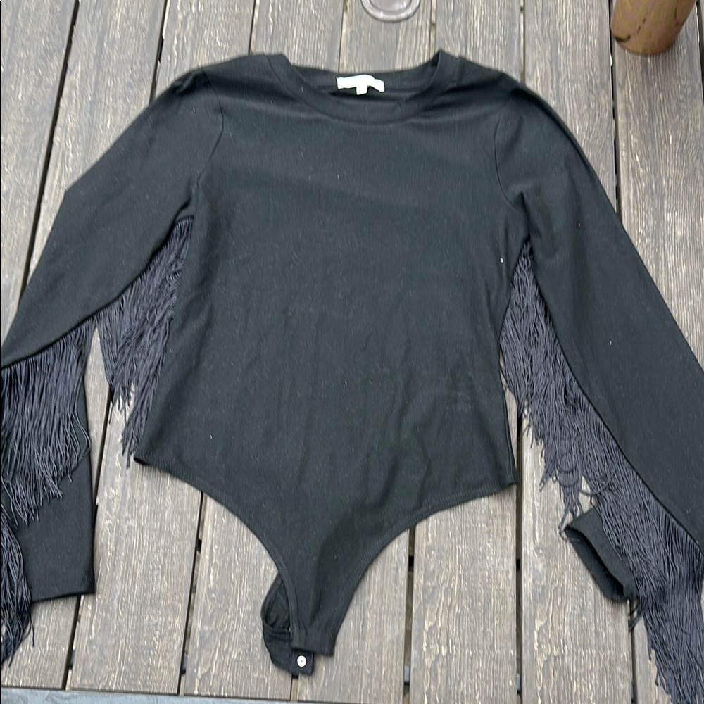 Baevely Black Fringe Long Sleeve Women's Top small Great for cowgirl theme party